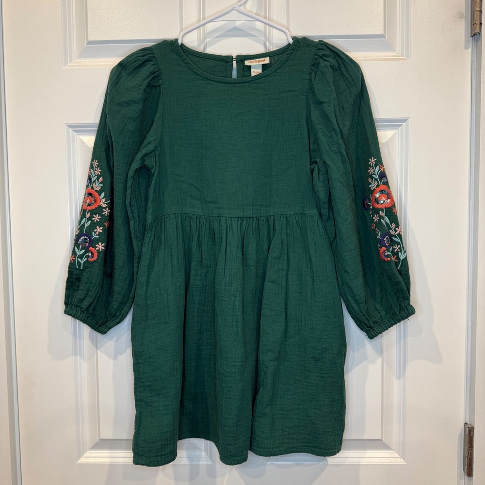 Cat & Jack Girls Green Floral Embroidered Long Sleeve Dress Size Mβ 7/8